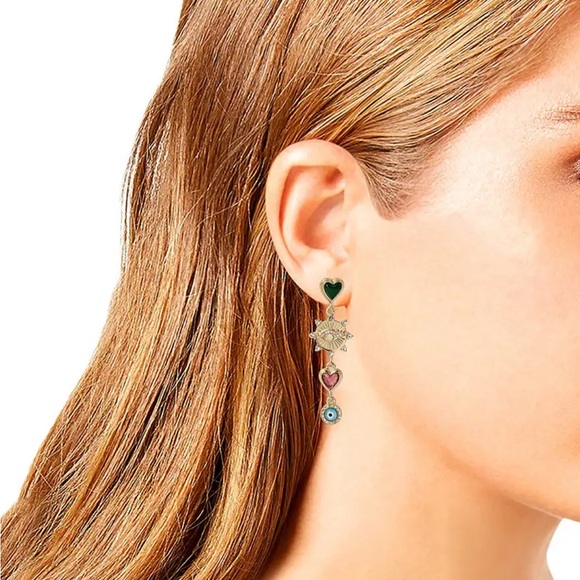 Evil Eye Rhinestones Mismatch Linear Earrings - Picture 4 of 5